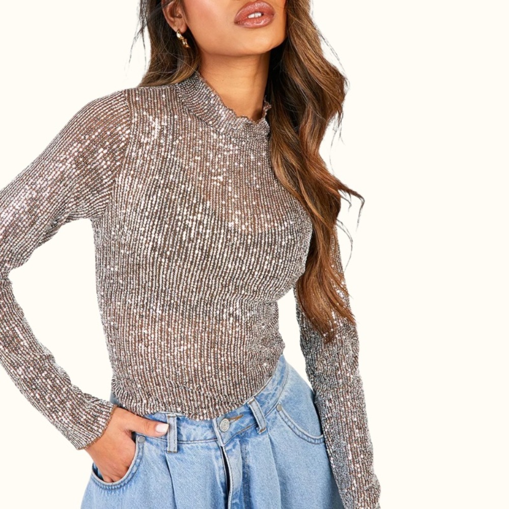 Silver Sequin Long Sleeve Top